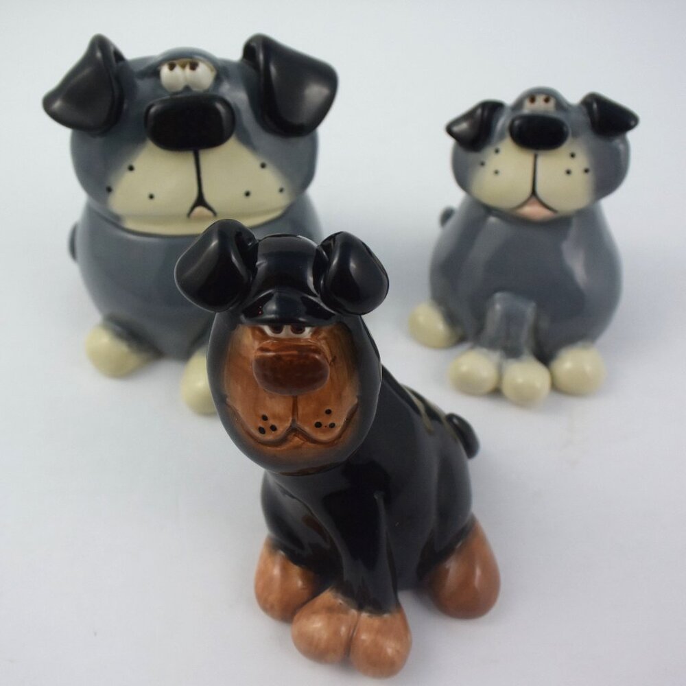 3 Russ Berrie Douglass Ceramic Dog Figurines, Large One is Trinket Box